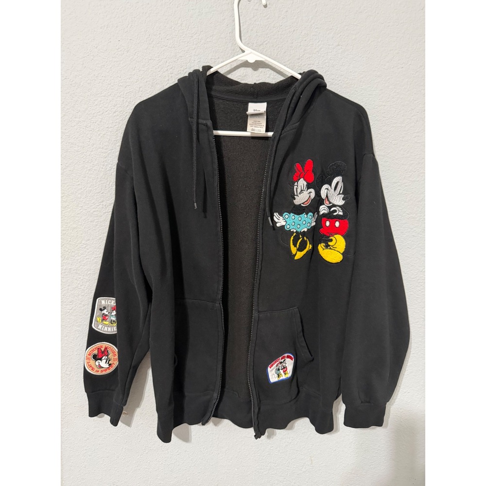 Disney Women Hoodie Sweater M Mickey Mouse Minnie Mouse Black Broken Zipper Y2K